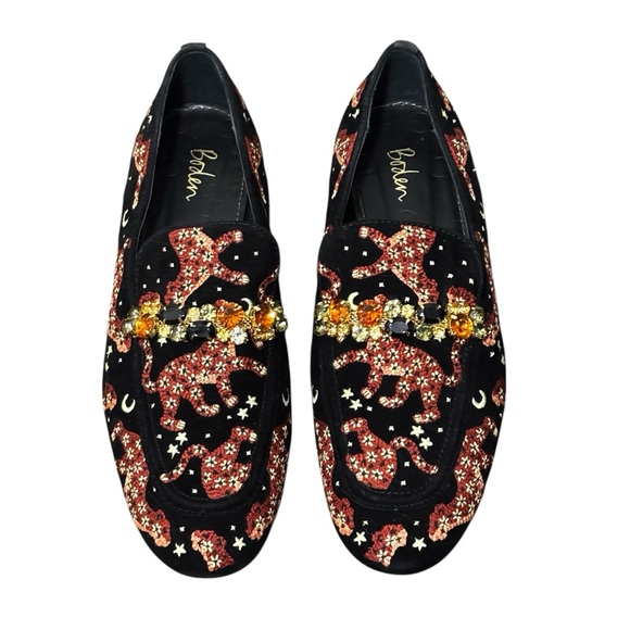 Boden Shoes - Boden Embellished Loafers, black embroidered cheetah, glass/metal. Women’s 39, 8